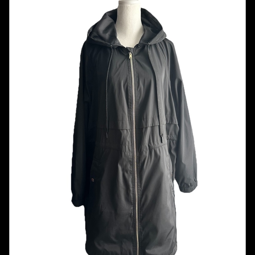 CALVIN KLEIN Women’s Black Mid-Length Hooded Full Zip Rain Jacket Sz 1X - Picture 4 of 11